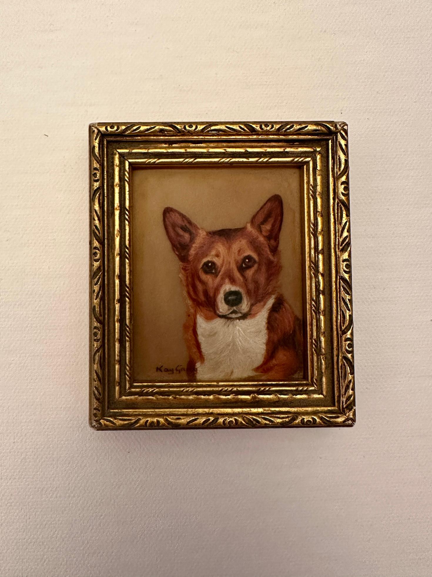 English mid century oil painting Portrait of cute Corgi dog - Painting by Kate Gray