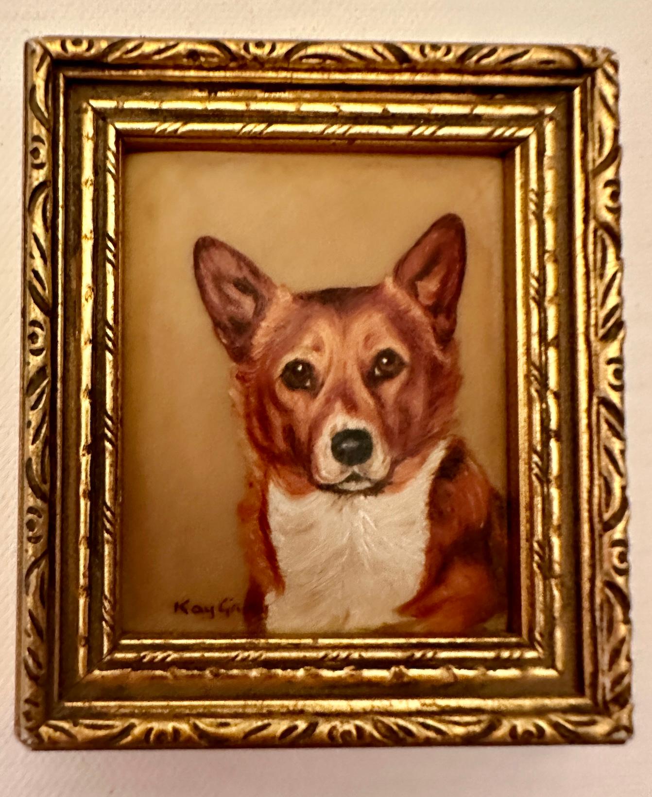 Peinture à l'huile anglaise du milieu du siècle dernier représentant un joli chien corgi - Moderne Painting par Kate Gray