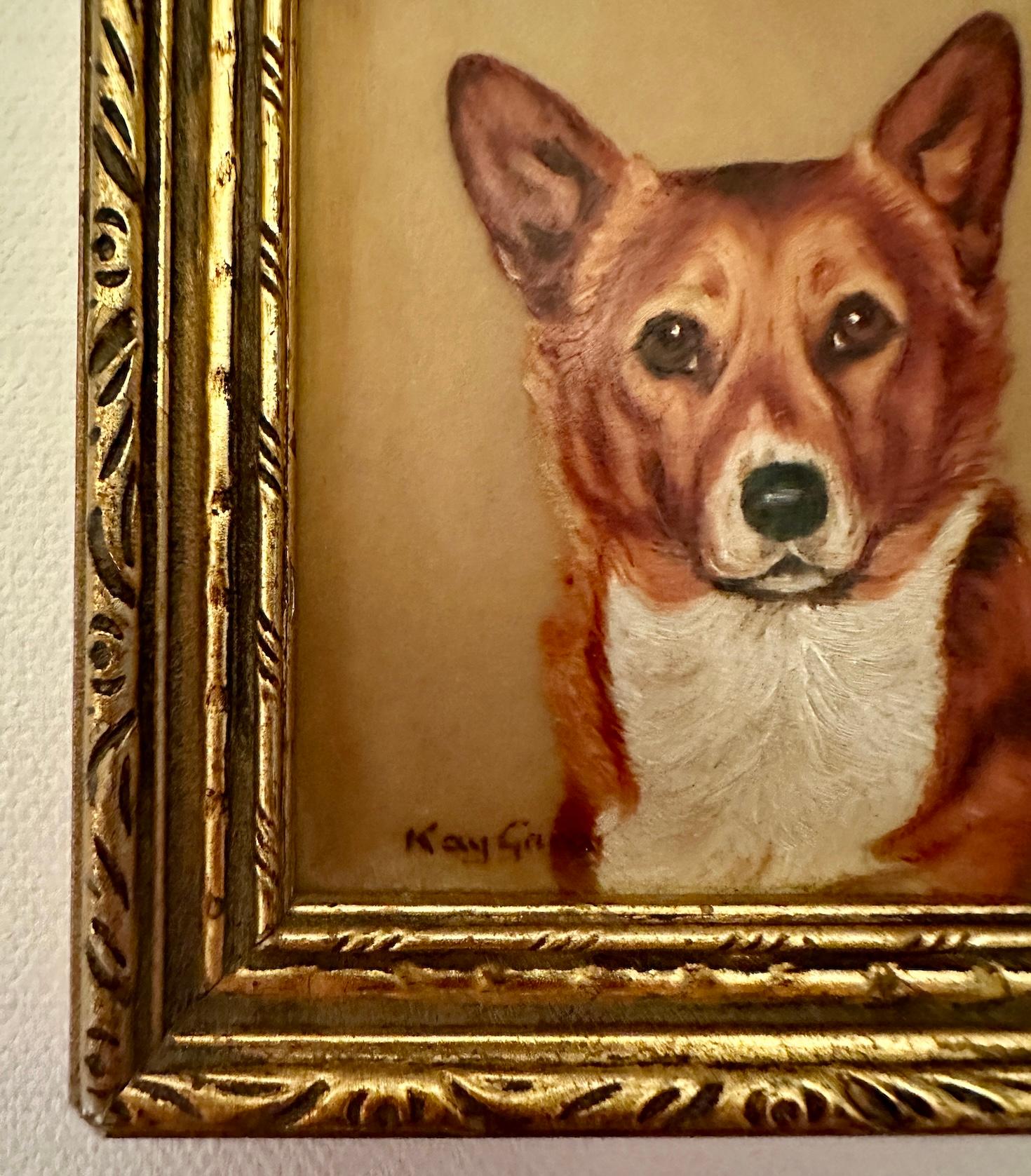 English mid century oil painting Portrait of a cute Corgi.

Paintings of this breed are very rare and very collected.

Kate Gray was a British animal portrait painter during the last half of the 20th century. She also painted flower subjects. 

Her