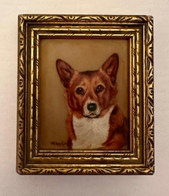 Vintage English mid century oil painting Portrait of cute Corgi dog