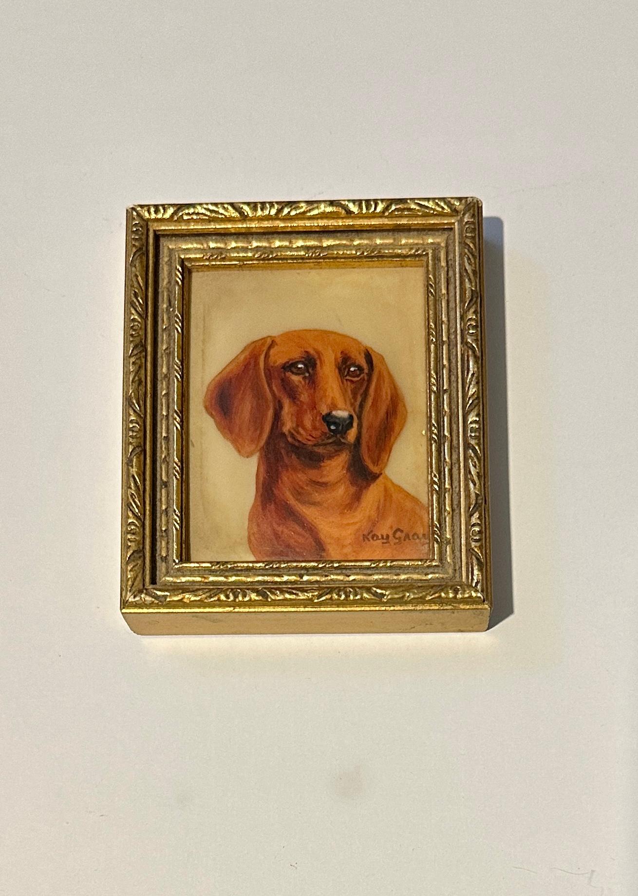 English mid century oil painting Portrait of Dachshund puppy or dog - Painting by Kate Gray
