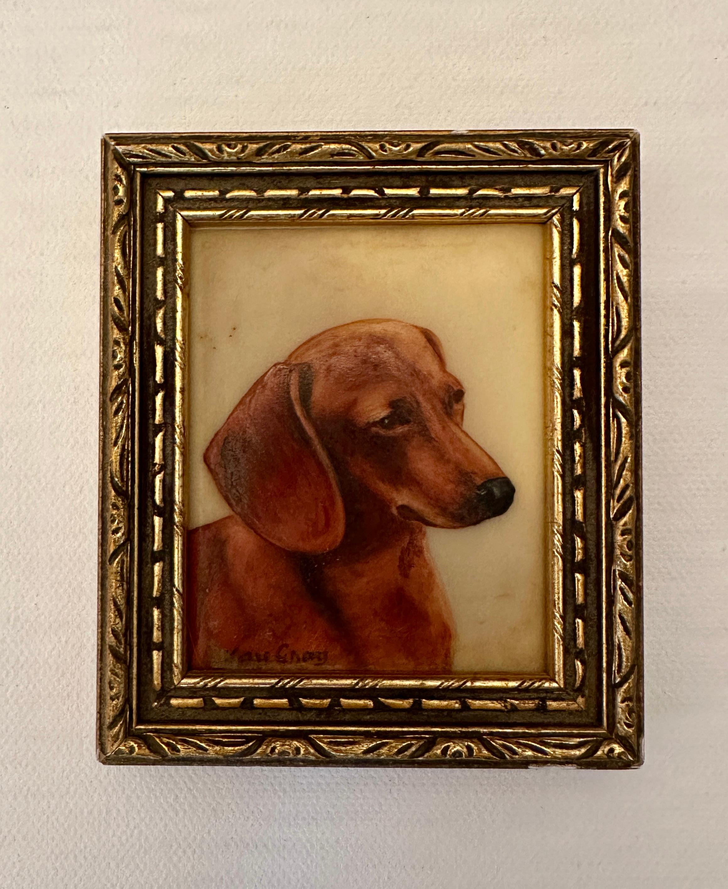 English mid century oil painting Portrait of Dachshund puppy or dog - Painting by Kate Gray
