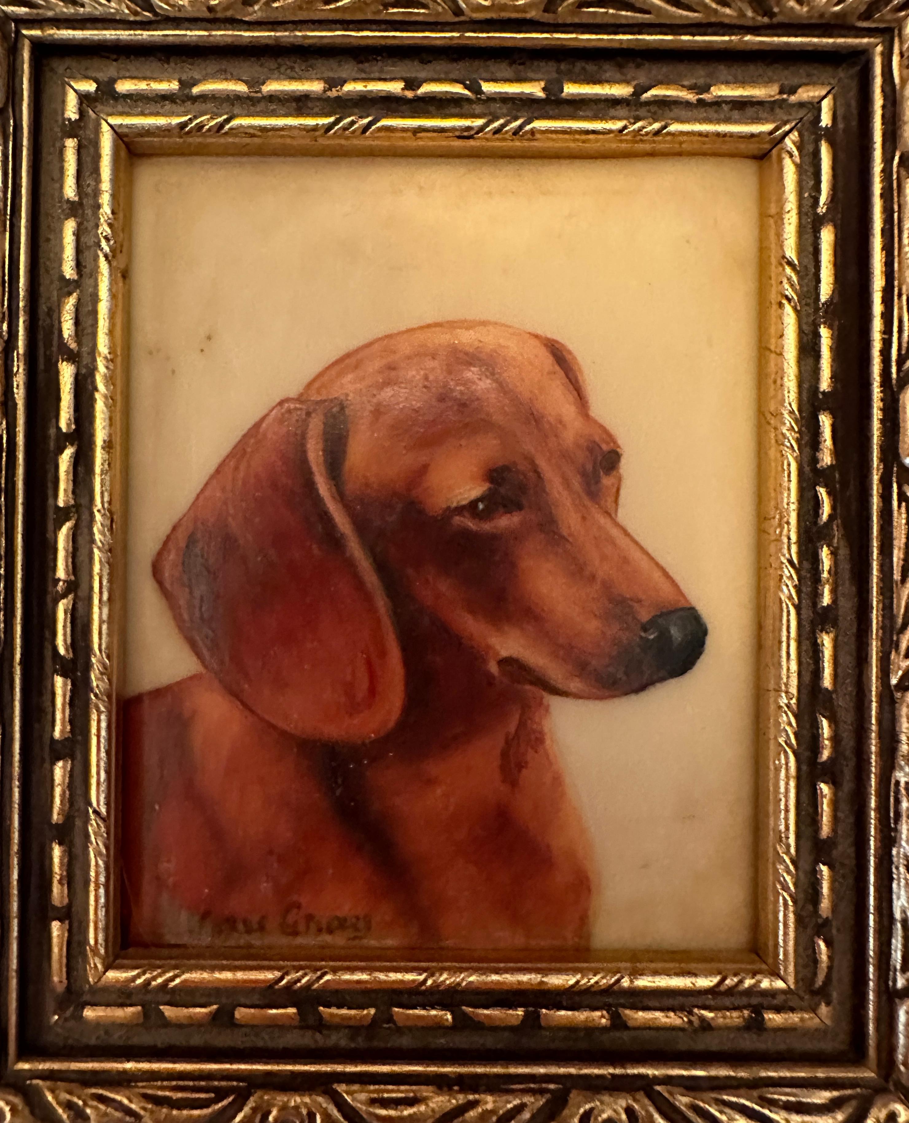 English mid century oil painting Portrait of Dachshund puppy or dog - Beige Portrait Painting by Kate Gray