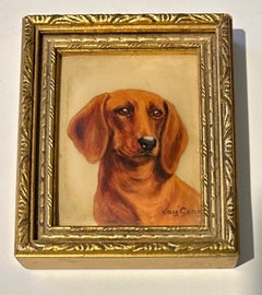 English mid century oil painting Portrait of Dachshund puppy or dog