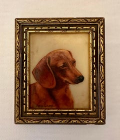 English mid century oil painting Portrait of Dachshund puppy or dog