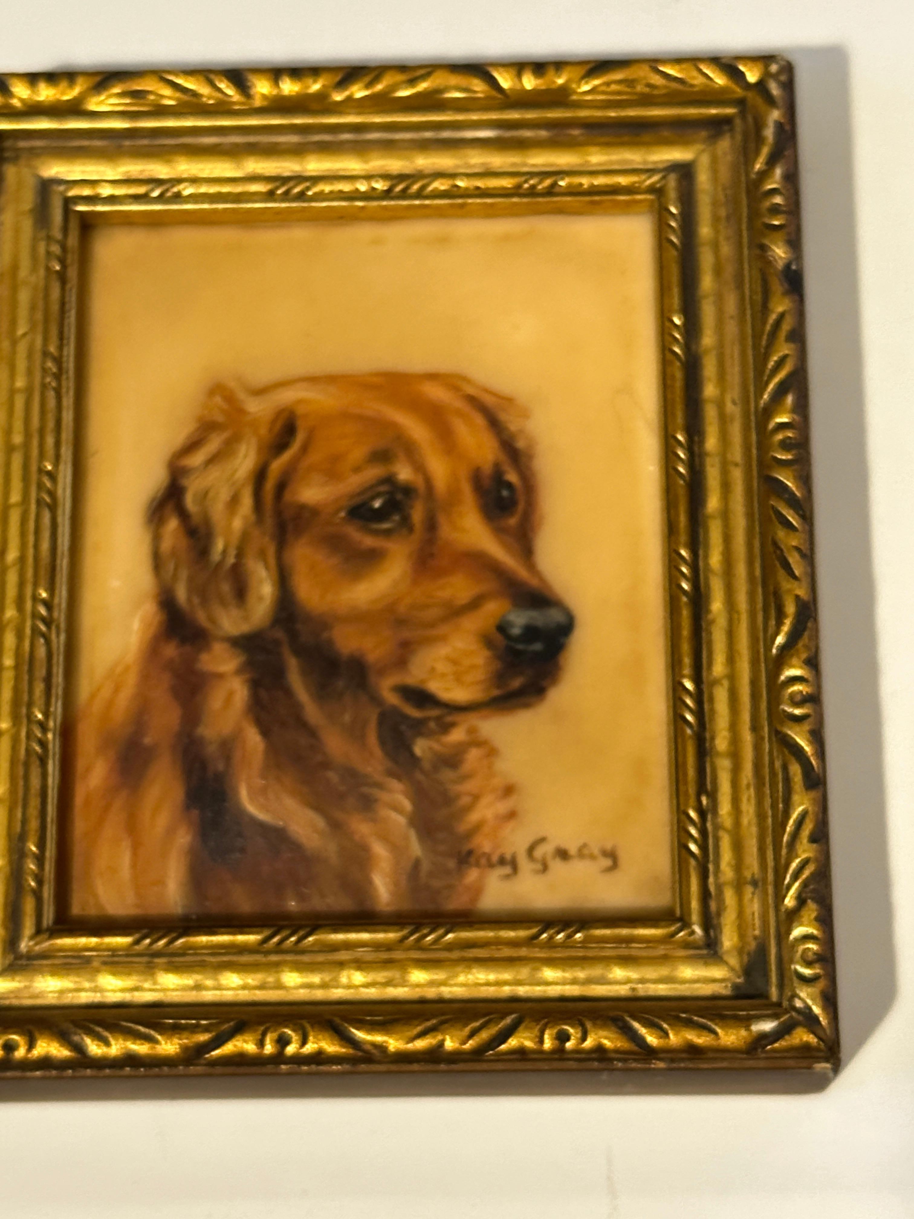 English mid century oil painting Portrait of Golden Retriever puppy or dog - Painting by Kate Gray