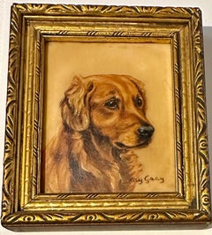 English mid century oil painting Portrait of Golden Retriever puppy or dog