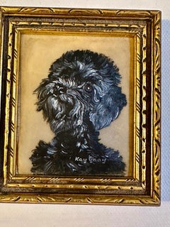 English mid century oil painting Portrait of Miniature Black Poodle
