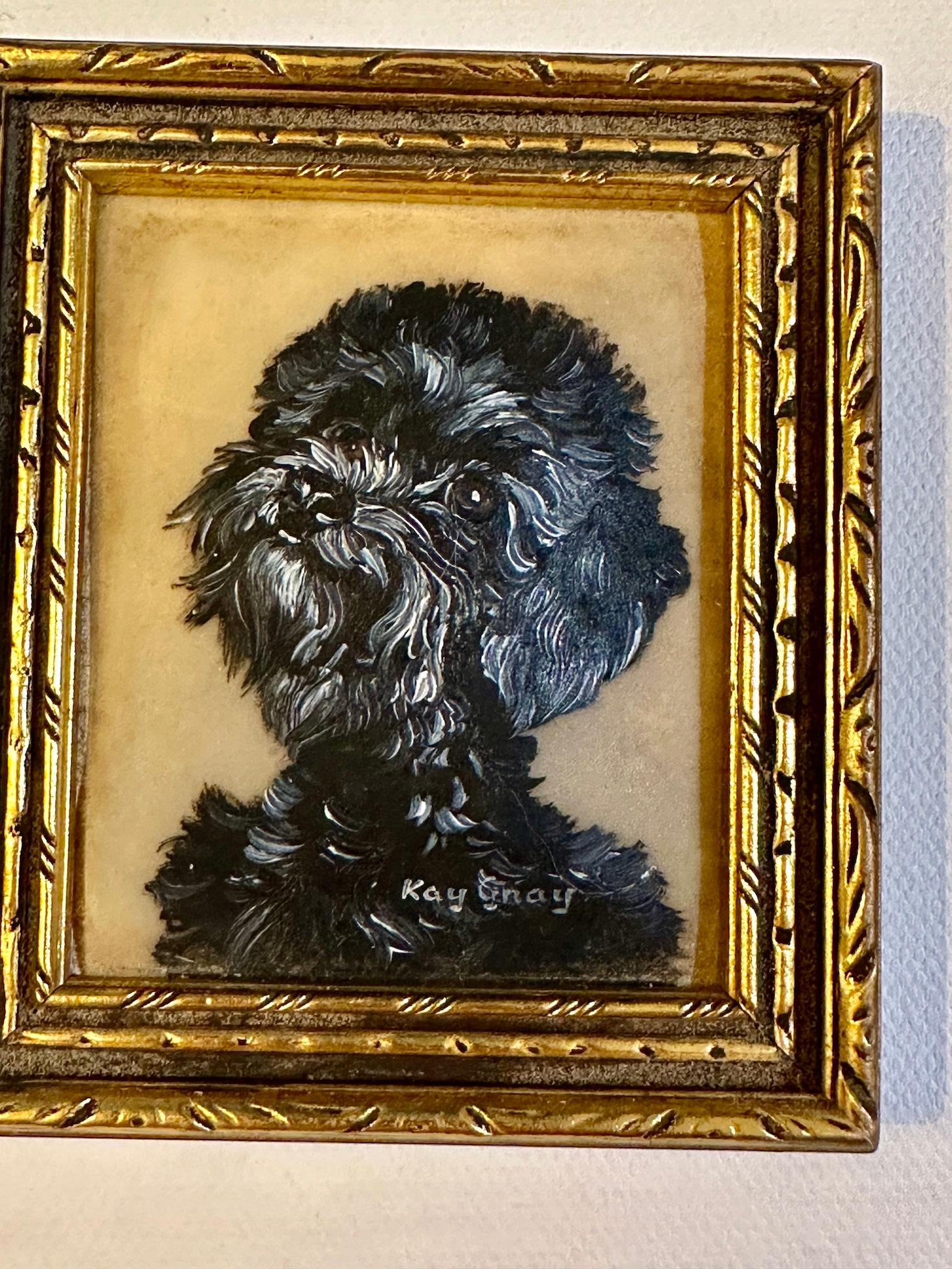 Englisch Mitte des Jahrhunderts Ölgemälde Porträt von Miniature Black Poodle (Moderne), Painting, von Kate Gray
