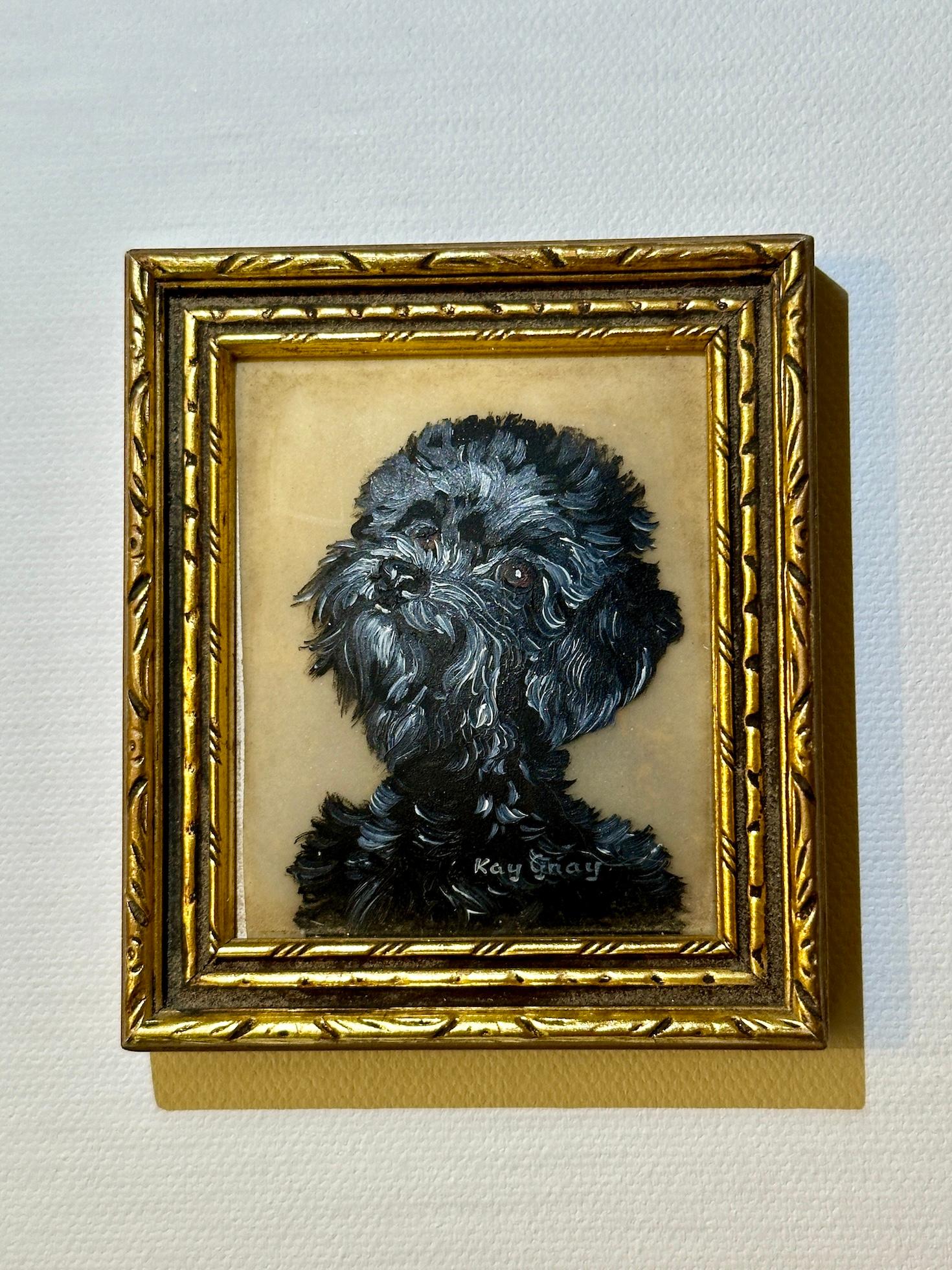 English mid century oil painting Portrait of Miniature Black Poodle