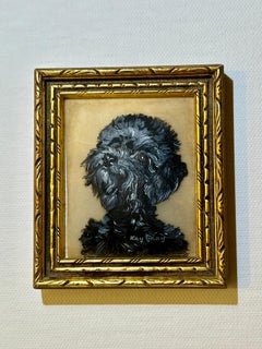 Vintage English mid century oil painting Portrait of Miniature Black Poodle