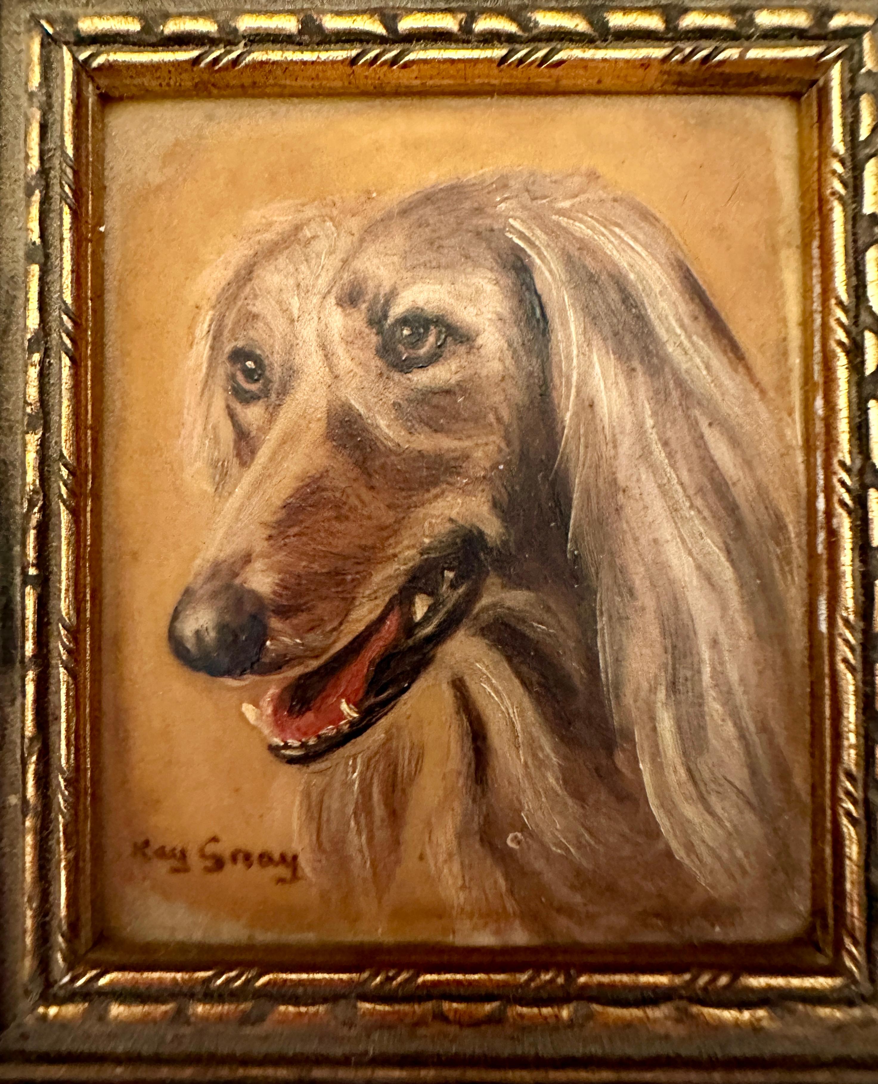 Maravilloso retrato inglés de mediados de siglo de un perro Saluki.

Kate Gray fue una retratista de animales británica durante la última mitad del siglo XX. También pintaba temas florales. 

Su trabajo era siempre a pequeña escala y siempre de