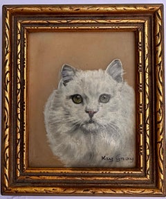 English mid century oil painting Portrait of White Persian Cat