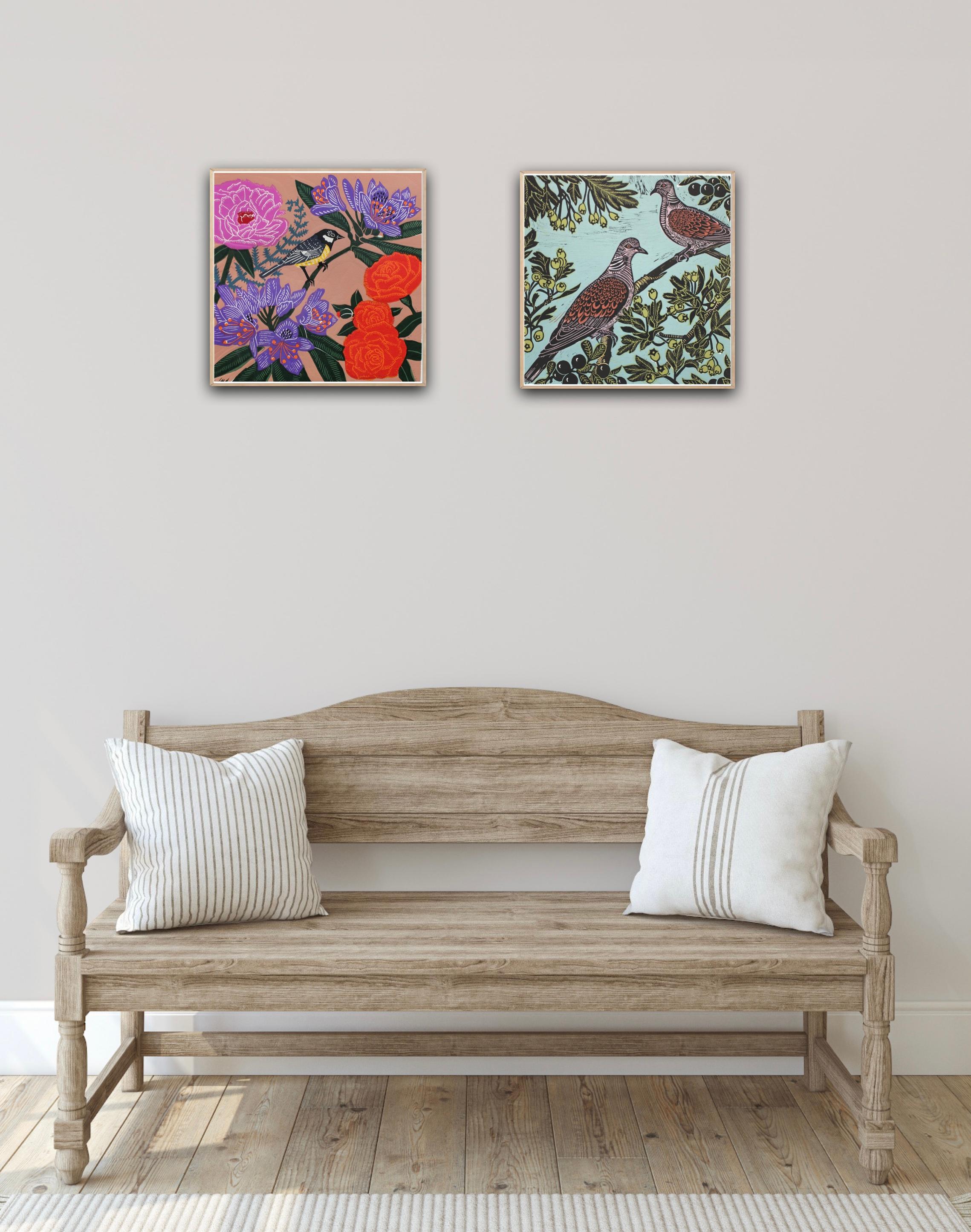 Jardín en Flor y Dos Tórtolas - Figurative Painting Gris de Kate Heiss
