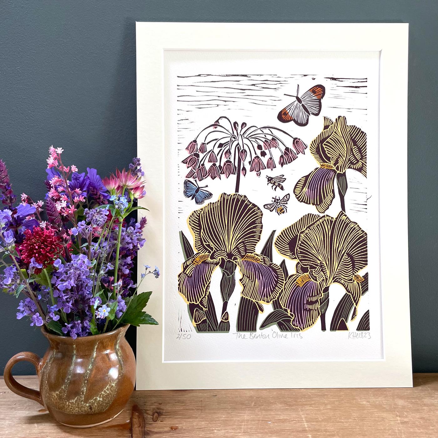 This print features a cloud of insects attracted to the Alium siculum and Benton Olive irises. This print was inspired by the beautiful Nurture Garden by Sarah Price at RHS Chelsea 2023 and her inspiration- the plantsman and painter Cedric Morris.