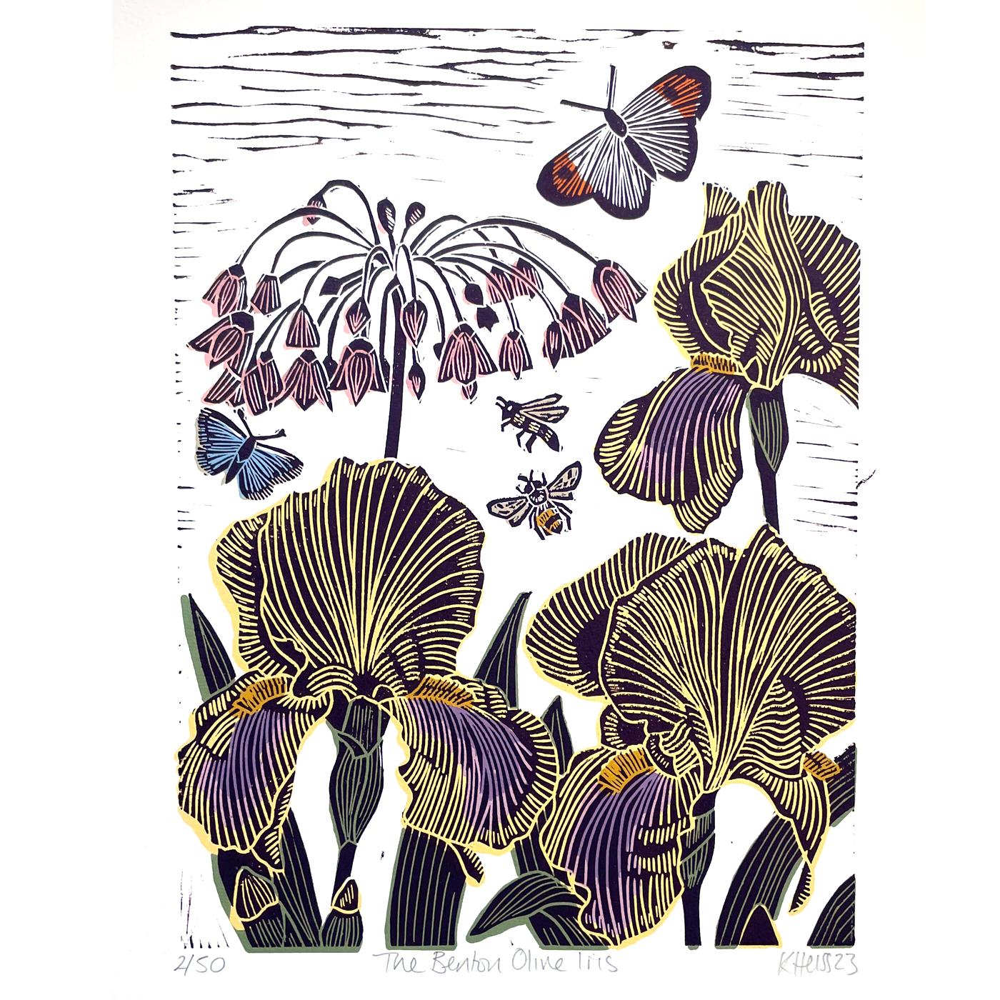 Kate Heiss Landscape Print – Benton Olive Iris, Limitierte Auflage, Natur, Floral 