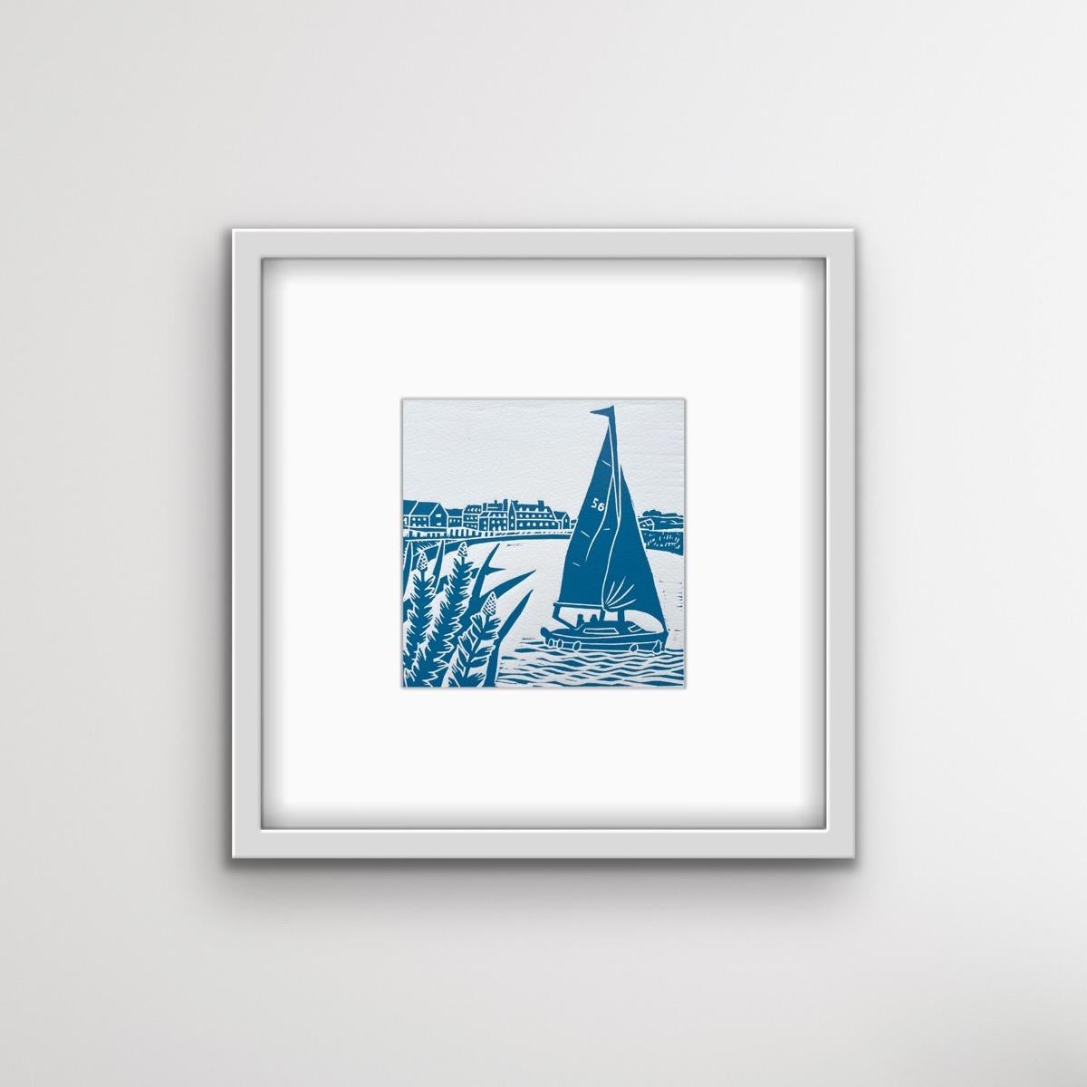 Blakeney Quay, Blue Seascape Art, Limited Edition Linocut Print, Norfolk Coast For Sale 2