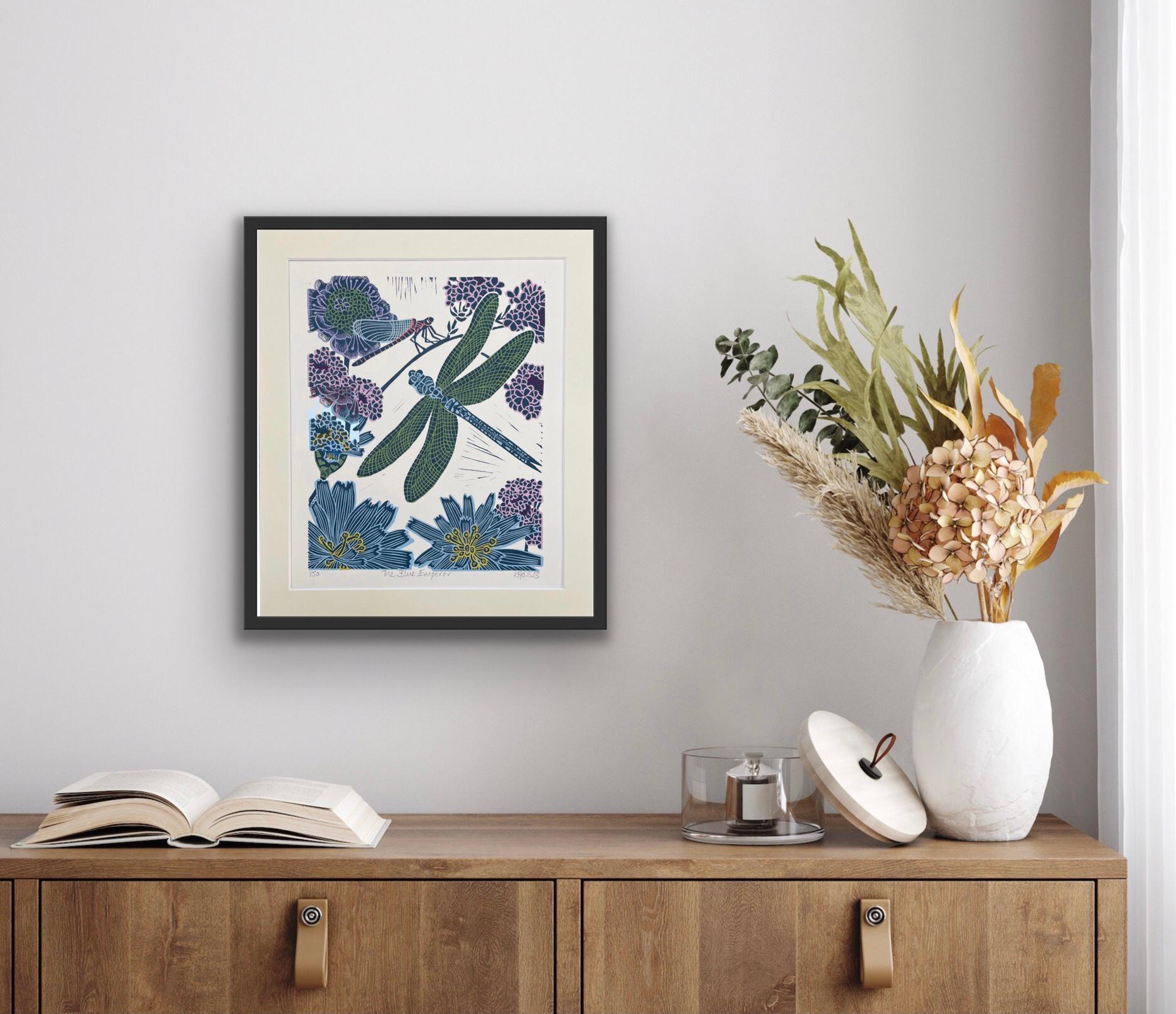 Blue Emperor, Linocut, Limited edition print, Dragonfly, Nature, Floral, Purple For Sale 6