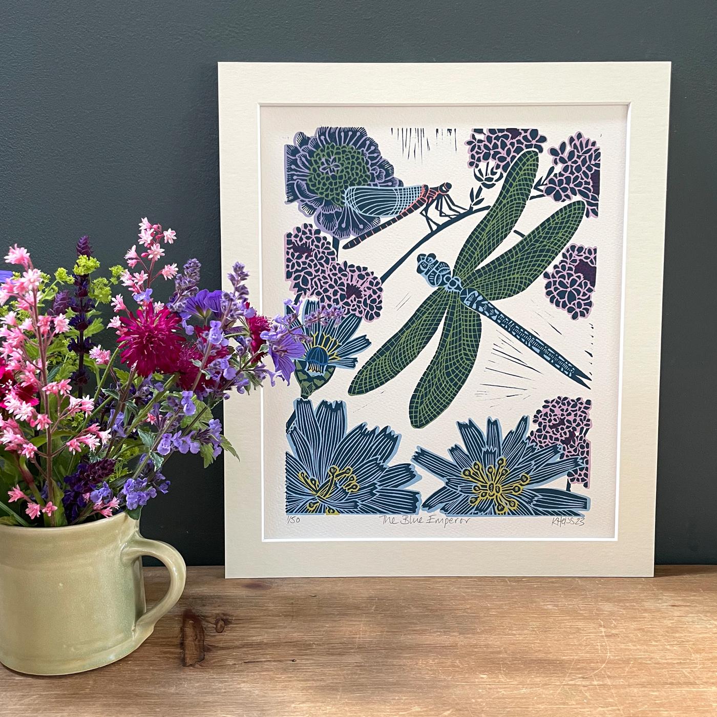 Blue Emperor, Linocut, Limited edition print, Dragonfly, Nature, Floral, Purple For Sale 7