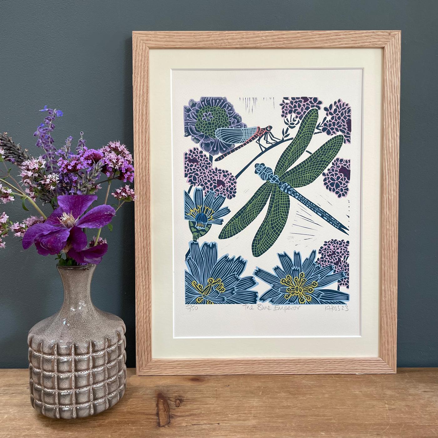 Blue Emperor, Linocut, Limited edition print, Dragonfly, Nature, Floral, Purple For Sale 8
