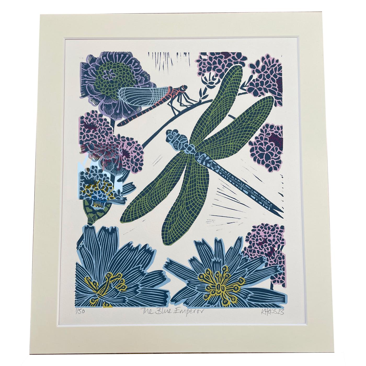 Blue Emperor, Linocut, Limited edition print, Dragonfly, Nature, Floral, Purple For Sale 9