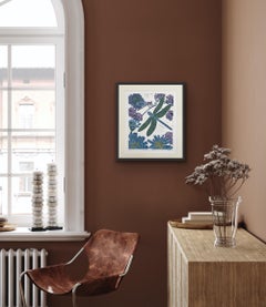 Blauer Kaiser, Linolschnitt, Limitierte Auflage, Libelle, Natur, Floral, Lila