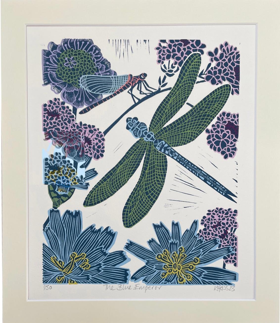 This print features a Blue Emperor Dragonfly flying over verbena and cornflowers. Printed in a palette of lilac, green and blue. It is a Hybrid Print - Traditional Hand pulled Linocut on Archival Digital Inks. Linocut Print – A relief printing