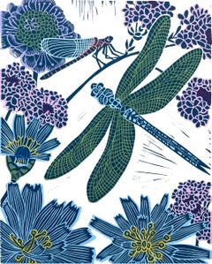 Blauer Kaiser, Linolschnitt, Limitierte Auflage, Libelle, Natur, Floral, Lila