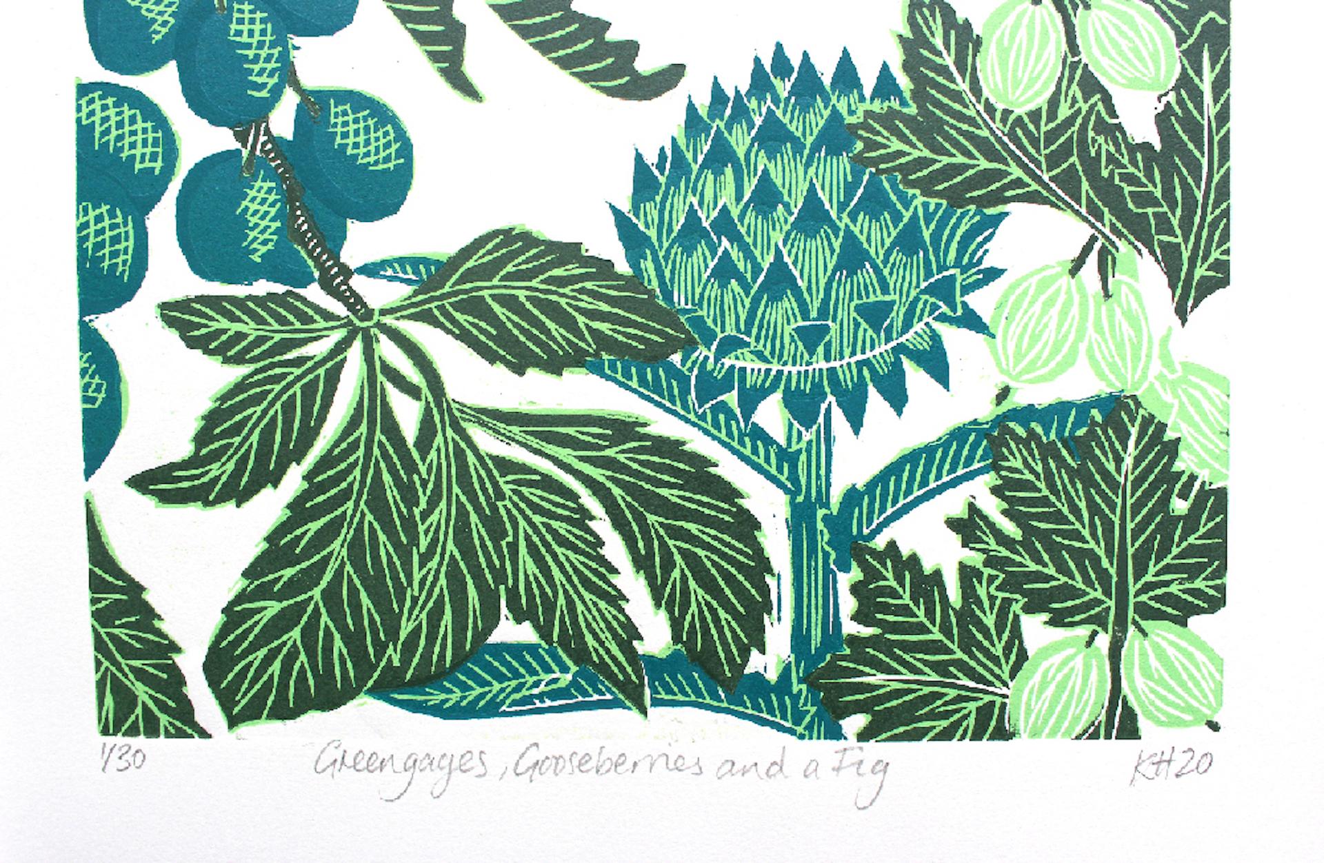 Greengages, Gooseberries and a Fig, Floral Art, Leaf Art, Spring Art, Green Art 1