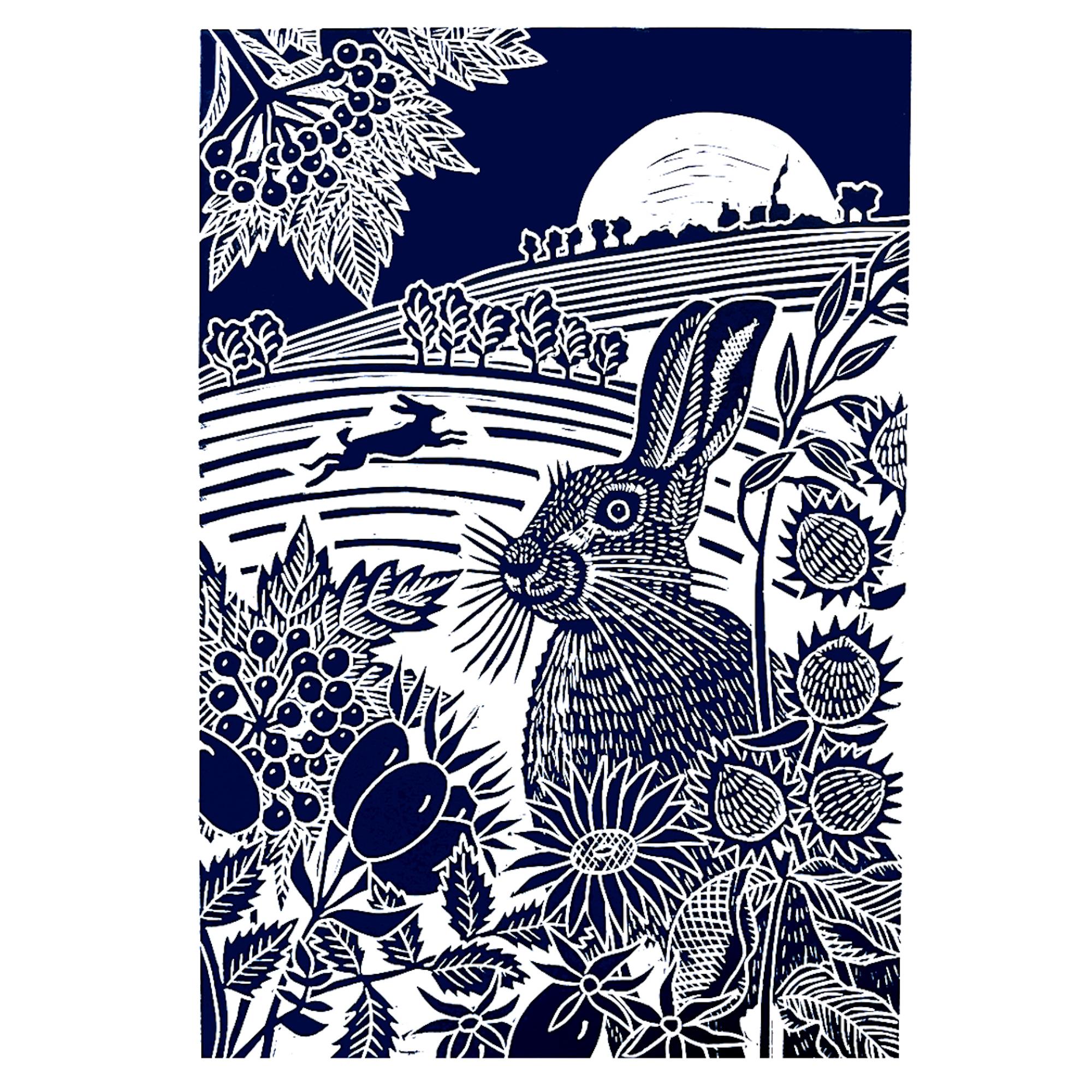 Kate Heiss Animal Print – Harvest Moon Hares, Tierkunst, minimalistische Kunstwerke, Linolschnittdruck, Hare-Kunst