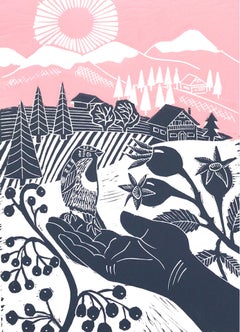 Kate Heiss, Little Sparrow, Limited Edition Linocut Print, Affordable Art