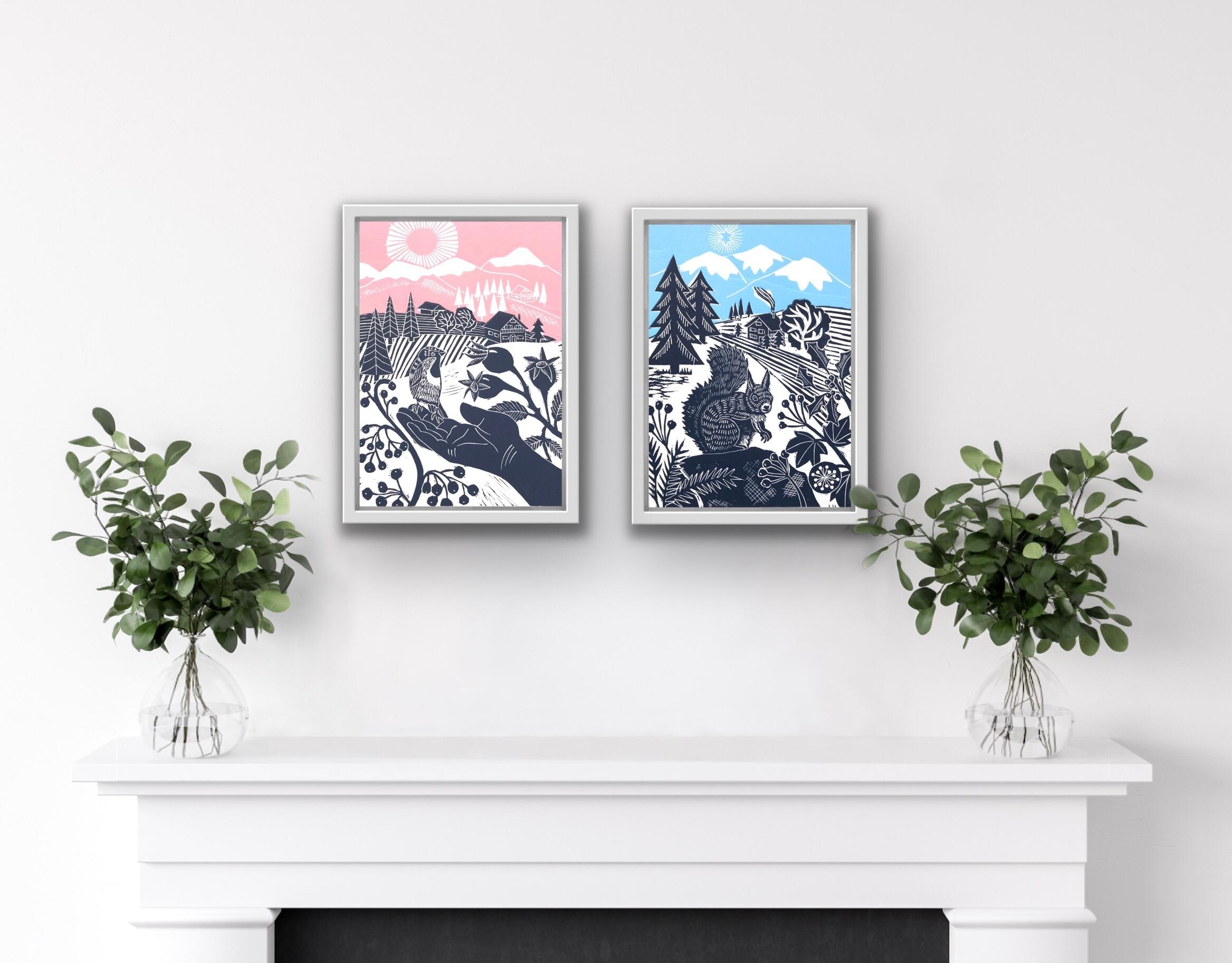 Little Sparrow and Busy Squirrel Diptych - Print by Kate Heiss