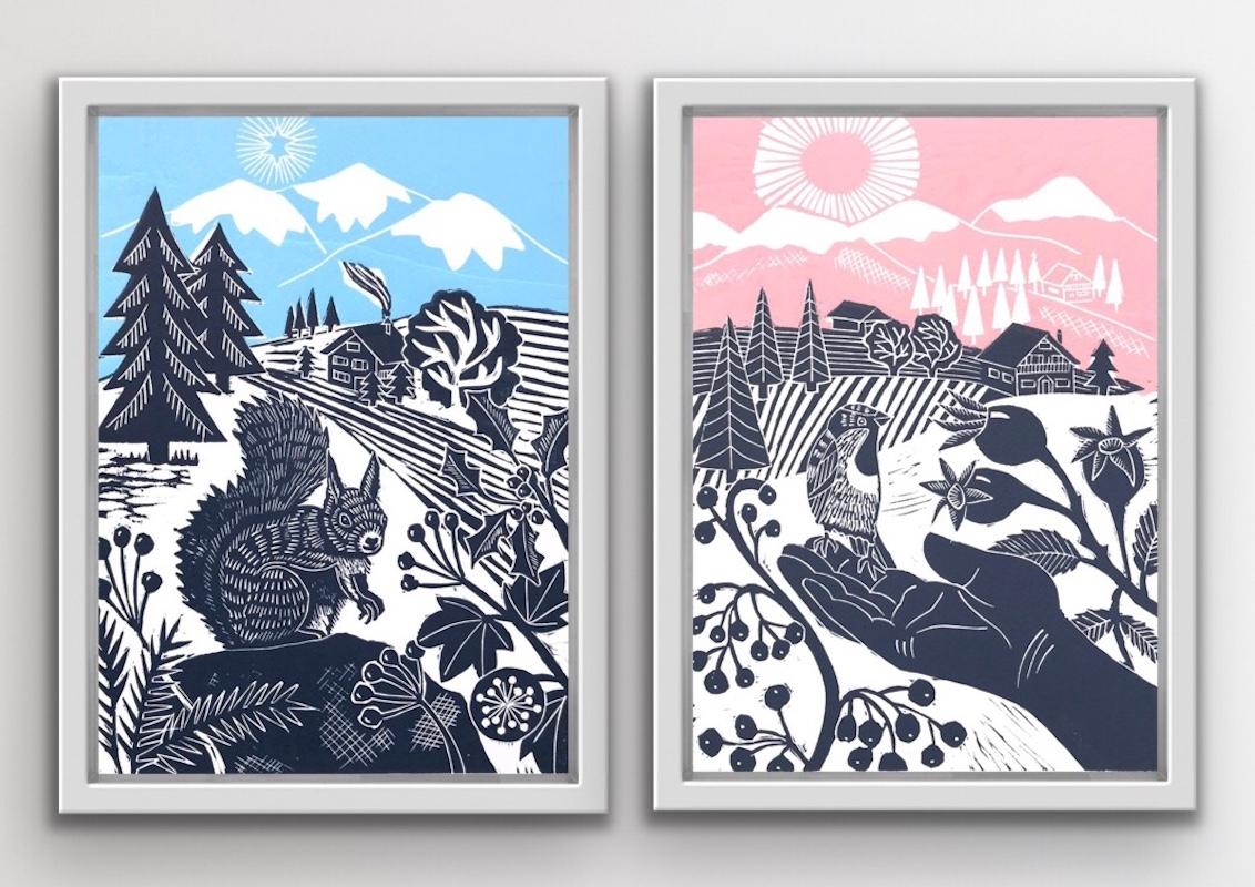 Kate Heiss Animal Print – Little Sparrow and Busy Squirrel Diptychon