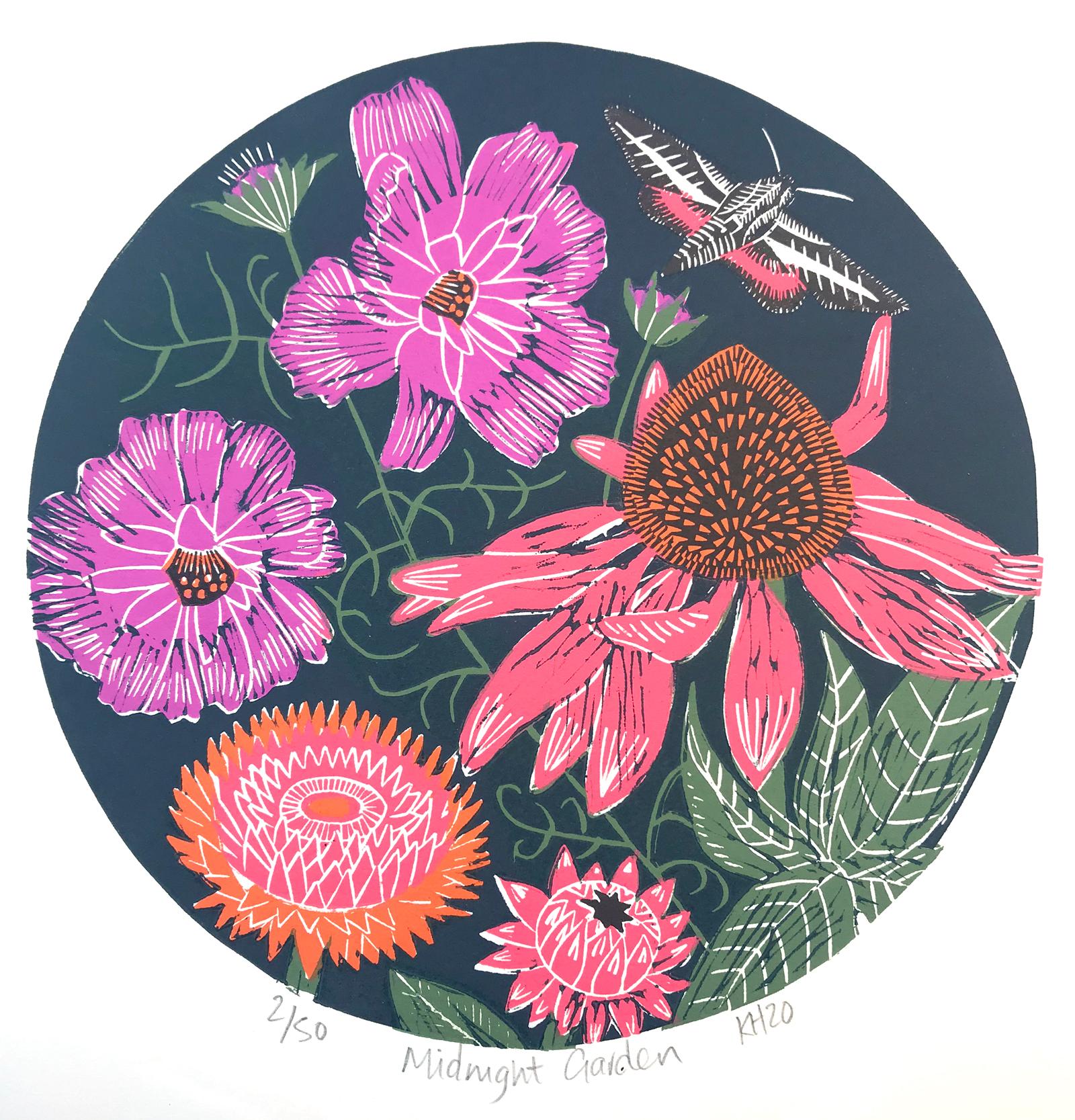 These circular garden prints features a medley of summer dahlias standing proud in the moonlight and a majestic Emperor Moth. The prints are cut from 5 individual Lino blocks. Limited Edition of 50 Linocut Print – A relief printing technique where