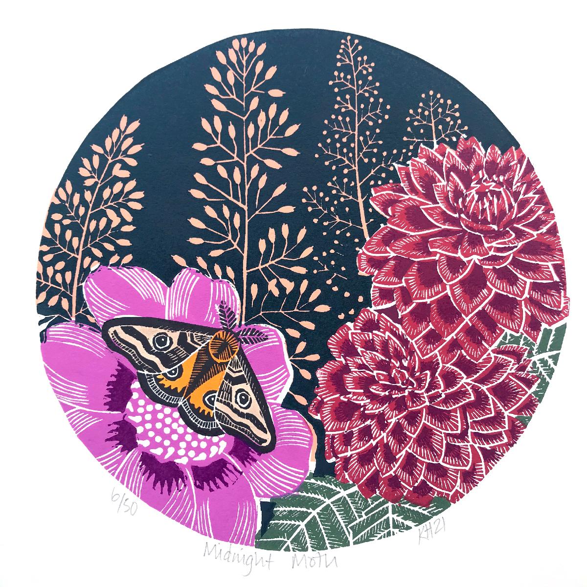 Midnight Moth and Midnight Garden, Animal Art, Gardening Print, Floral Art For Sale 1
