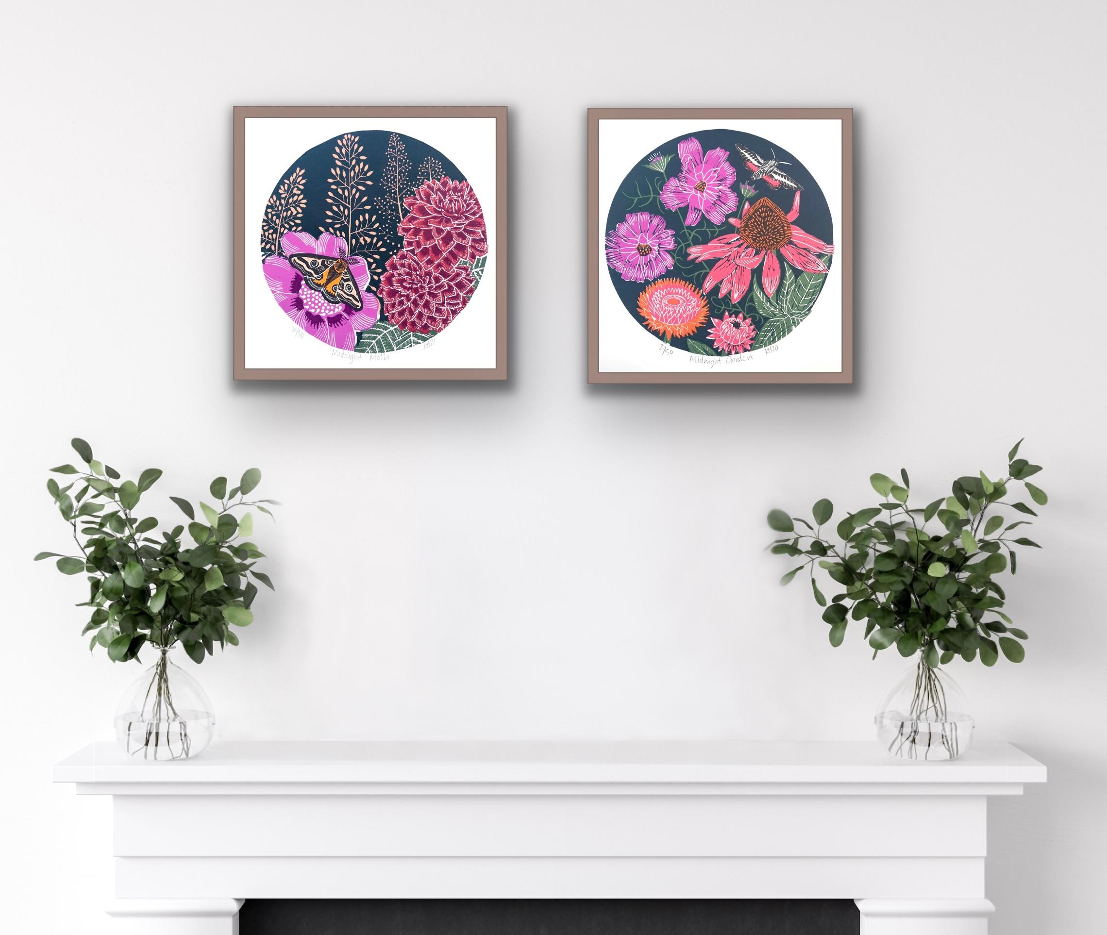 Midnight Moth and Midnight Garden, Animal Art, Gardening Print, Floral Art For Sale 2