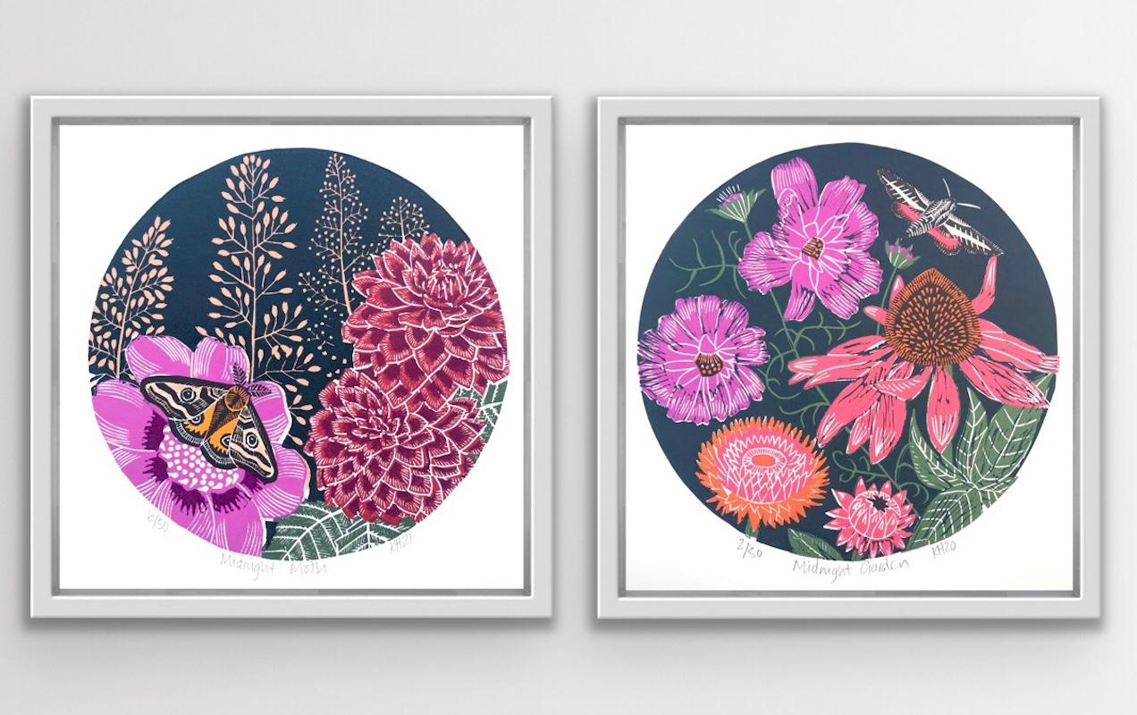Kate Heiss Figurative Print - Midnight Moth and Midnight Garden, Animal Art, Gardening Print, Floral Art