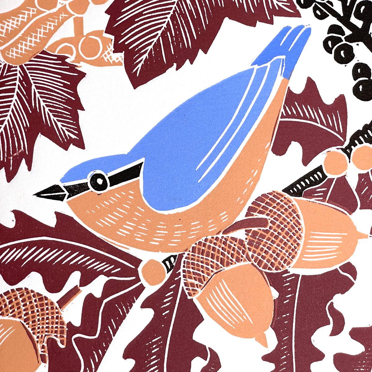 Nuthatch, bird art, leaf art, limited edition print, affordable art, nature art - Contemporary Print by Kate Heiss