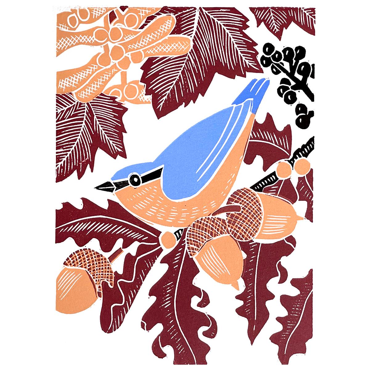 Animal Print Kate Heiss - Nuthatch, art oiseau, art des feuilles, impression en édition limitée, art abordable, art de la nature