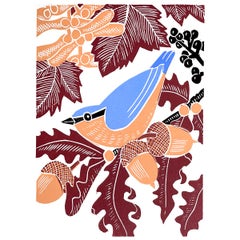 Nuthatch, bird art, leaf art, limited edition print, affordable art, nature art