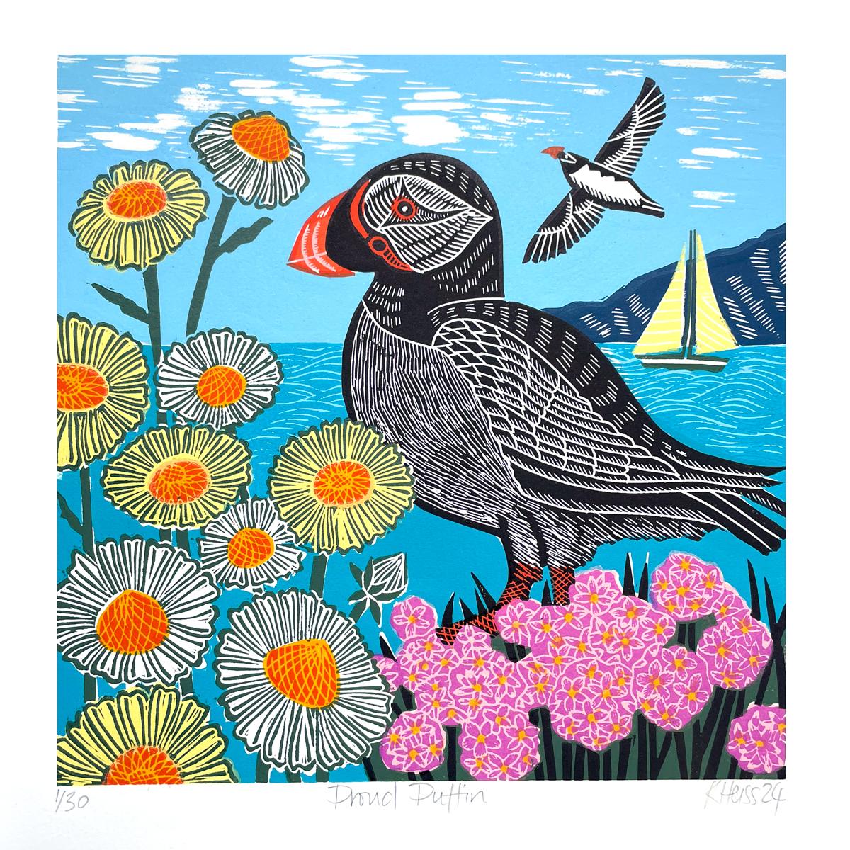 Proud Puffin, Art print, Floral, Costal, Animal, Bird, Landscape For Sale 1