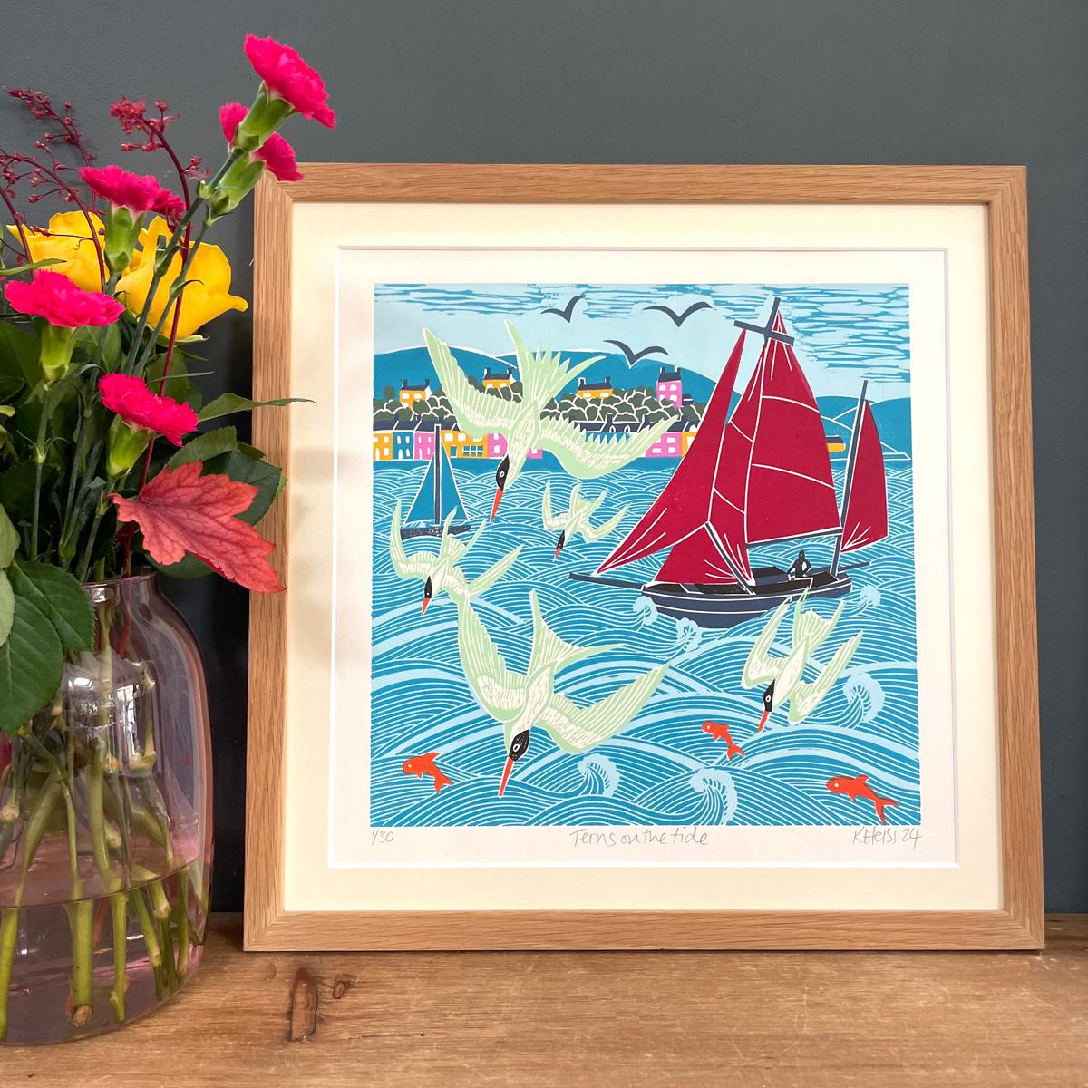 This Linocut print captures the energy and speed of terns fishing on the high tide with sailing boats riding the waves. Printed with oil based relief inks on 300gsm soft white Somerset velvet paper. A Linocut Print is a relief printing technique