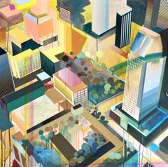 "Wind Fall - peinture de paysage abstraite - colorée - paysage urbain - vue aérienne