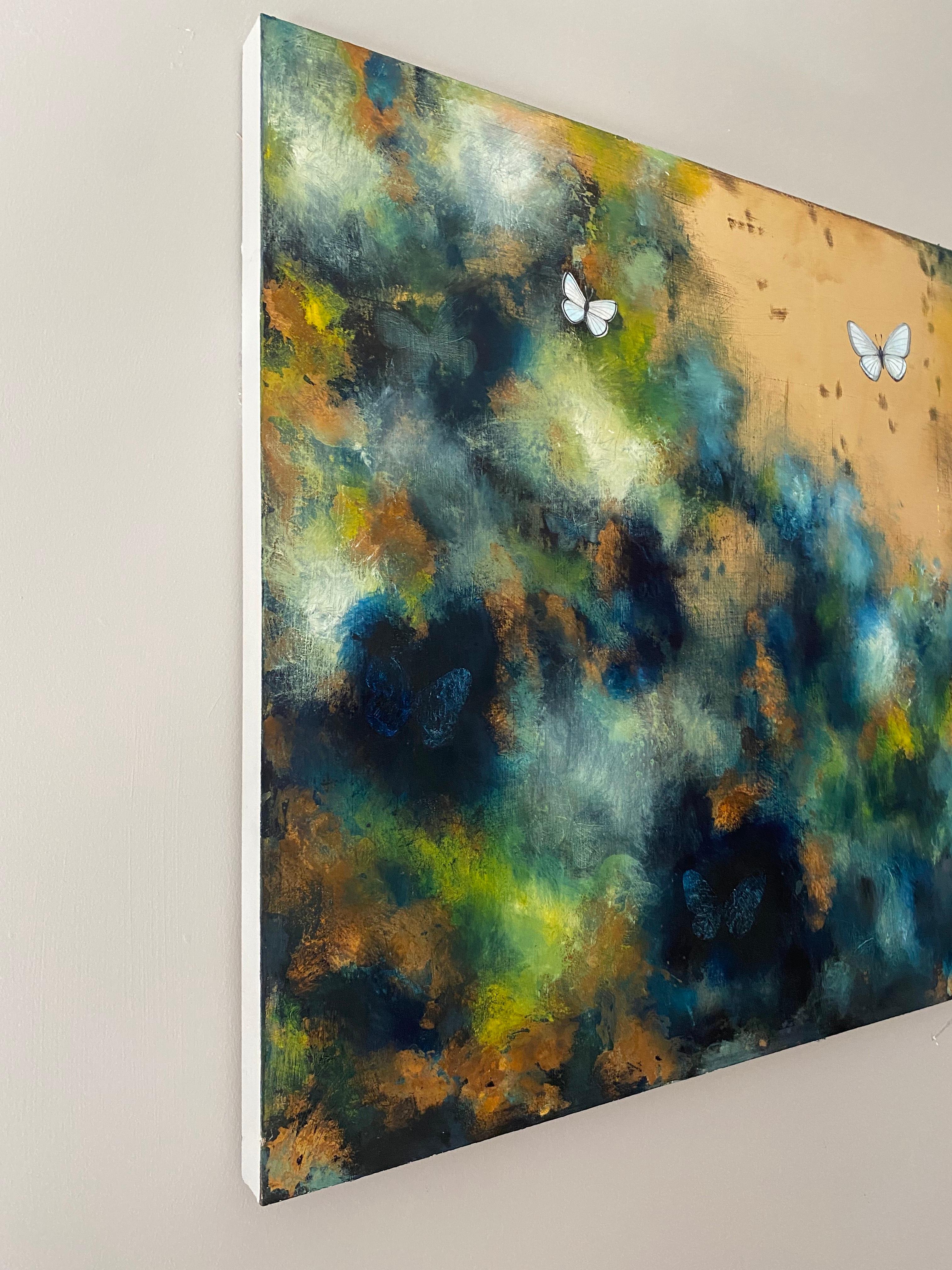 Kate shares this painting was pure joy to work on. The rust elements reflect a changing world-our environment. The colours in the oil paint and abstract landscape as well as the butterflies show an ever hopeful ideology that everything will be