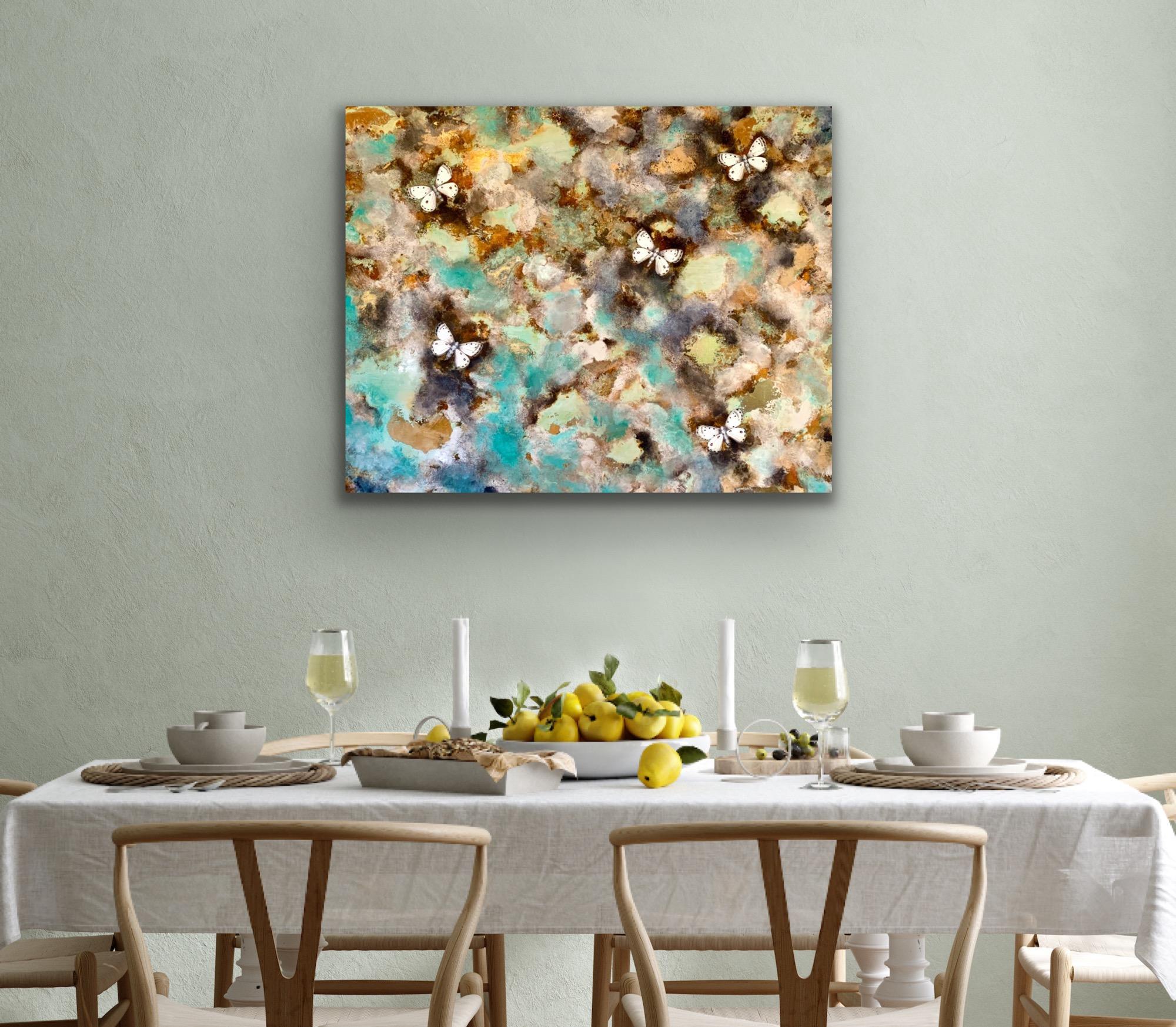 This painting is very much about our ever changing environment. With colours reflecting minerals from aerial photographs of landscapes and butterflies reflecting hope in the rejuvenation of our future.

Kate really loves the illuminating light that