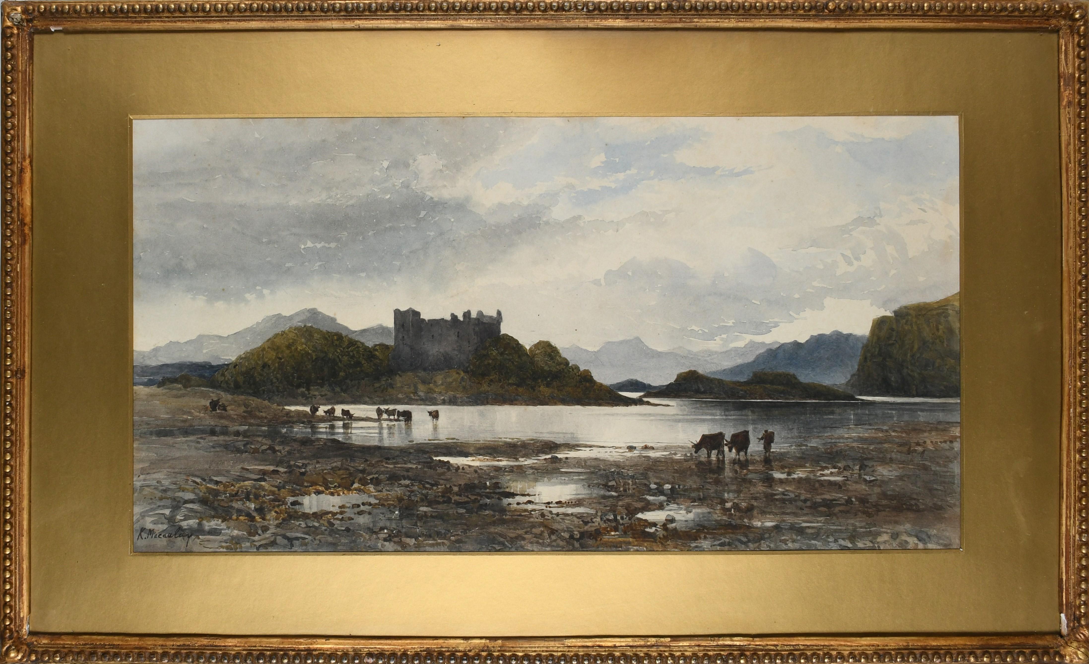 Victorian Scottish landscape with a castle by a loch and cattle watering, signed - Painting by Kate Macaulay