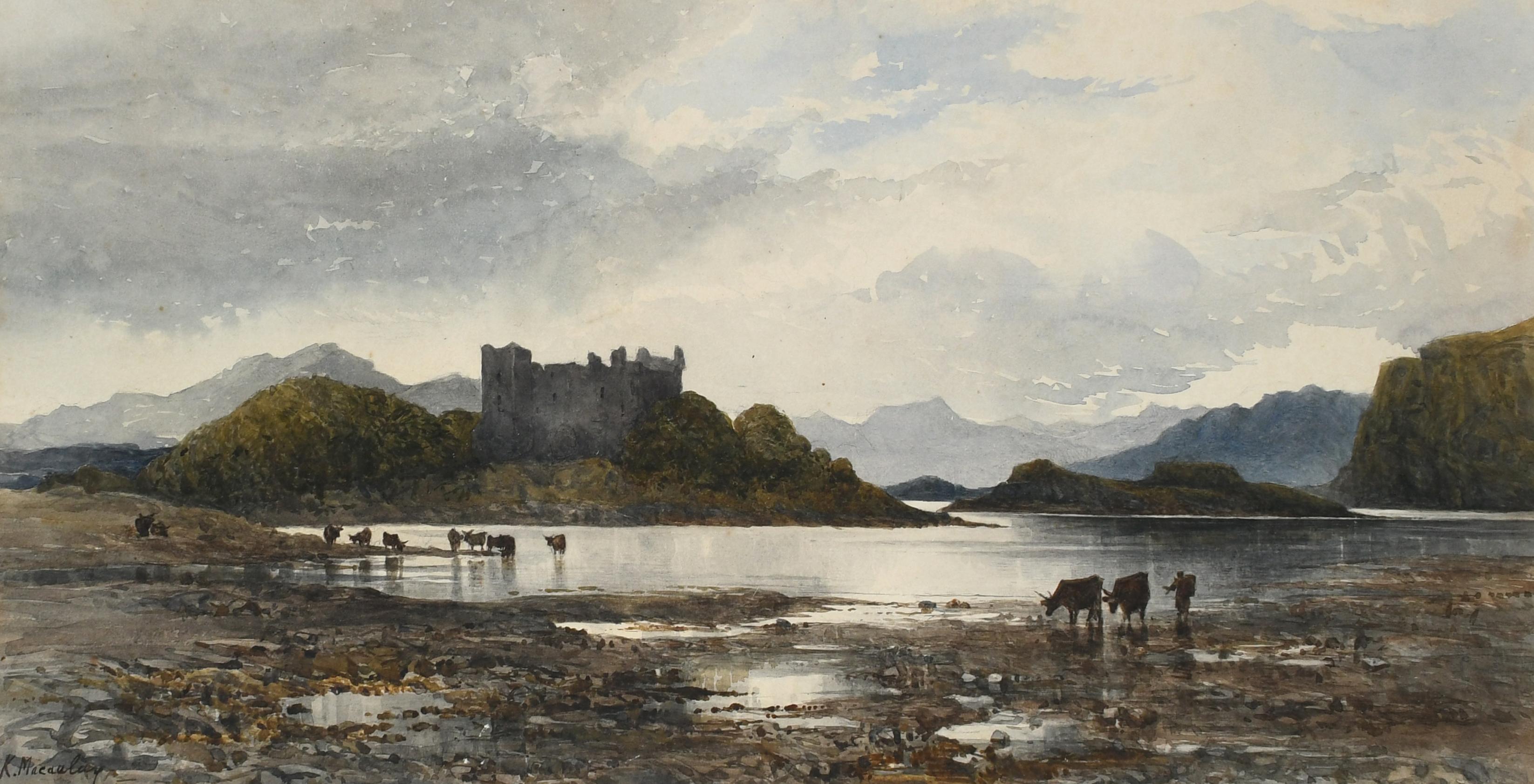 Paysage écossais victorien avec un château près d'un loch et d'un détroit où on peut pêcher du bétail, signé