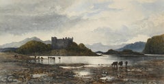 Victorian Scottish landscape with a castle by a loch and cattle watering, signed