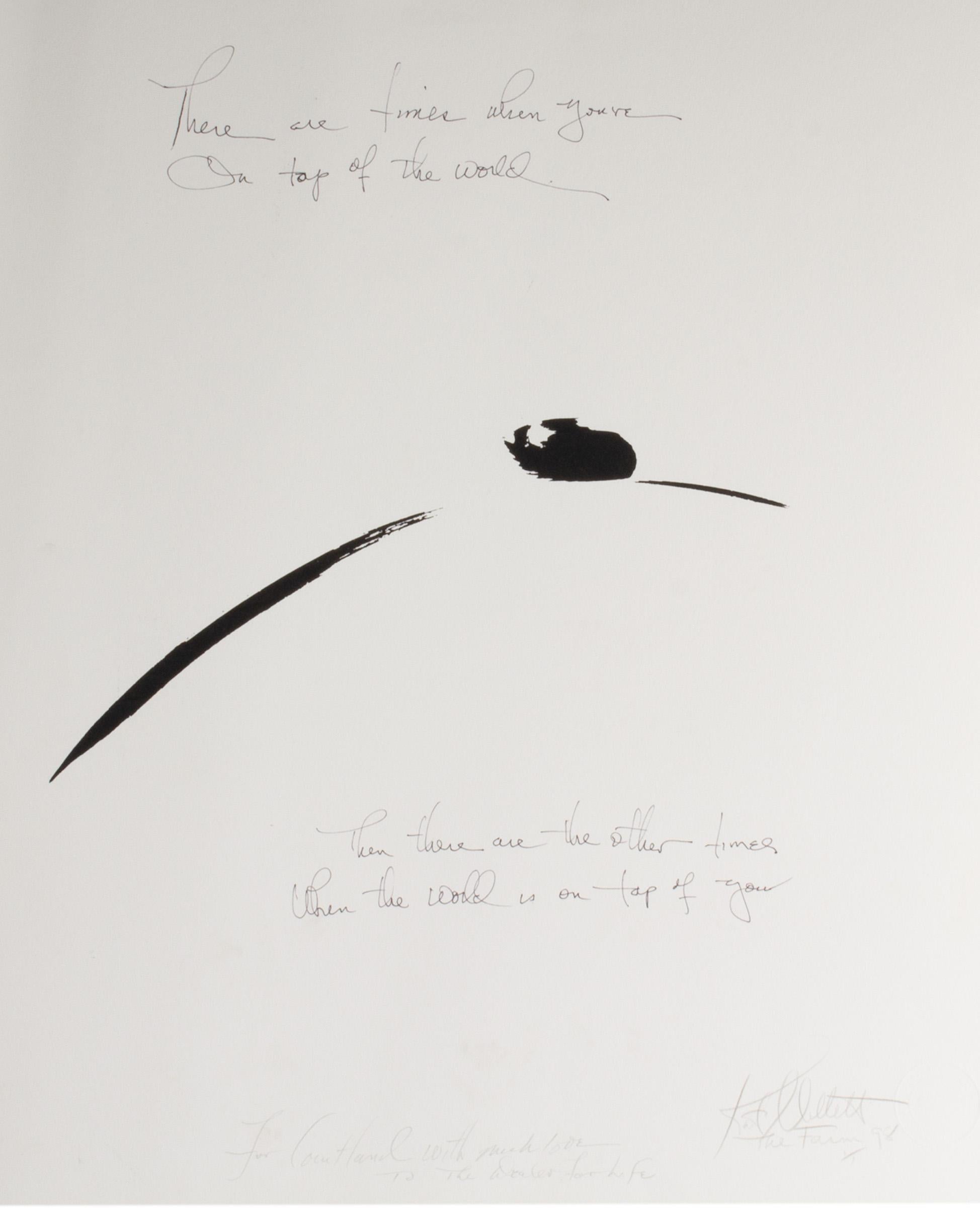 A 1998 signed lithograph on paper by American feminist writer, theorist, artist and academic, Kate Millett (1934 - 2017). This work uses a painterly style to depict an abstracted and minimal breast. At the top center, a poem is written across the