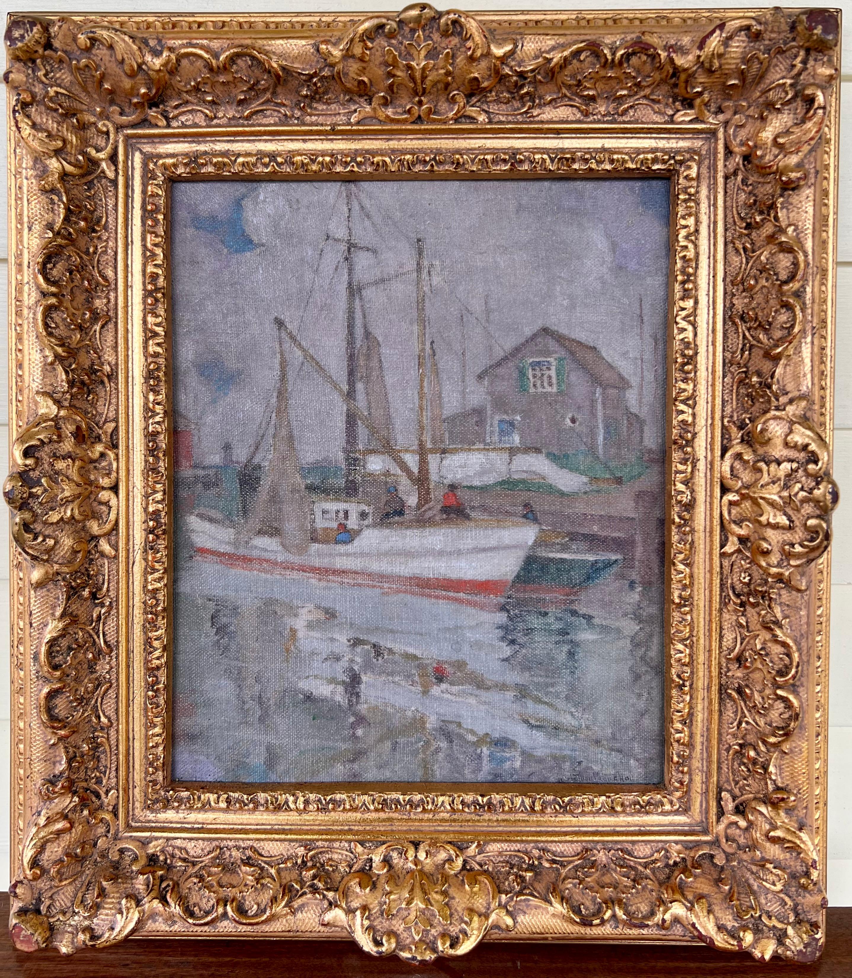 Bateau de pêche sur le quai - Impressionnisme américain Painting par Kate Montague Hall